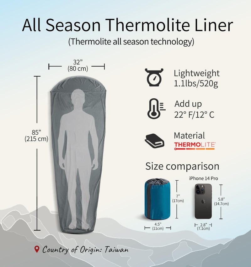 Litume Thermolite All Season Sleeping Bag Liner Add Up to 22Â°F / 12Â°C, Mummy Sleeping Sack for Backpacking, Camping, Traveling, for Cold Weather Winter, Sleep Sack with Drawstring Hood E626 - Image 2